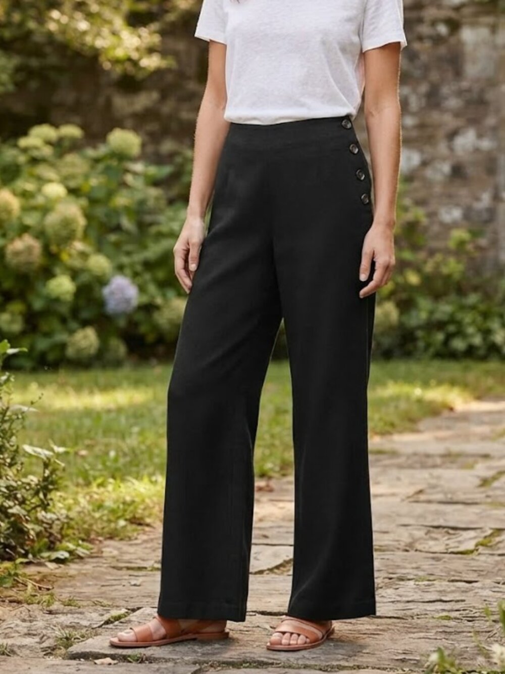 NWT Lulus Linen Blend Palazzo Pants XL Black High Rise Wide Leg Button Resort